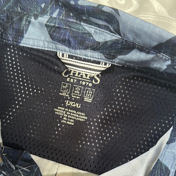 Chaps Blue Casual Button Down Shirt with Tropical Leaf Pattern - Picture 4 of 6